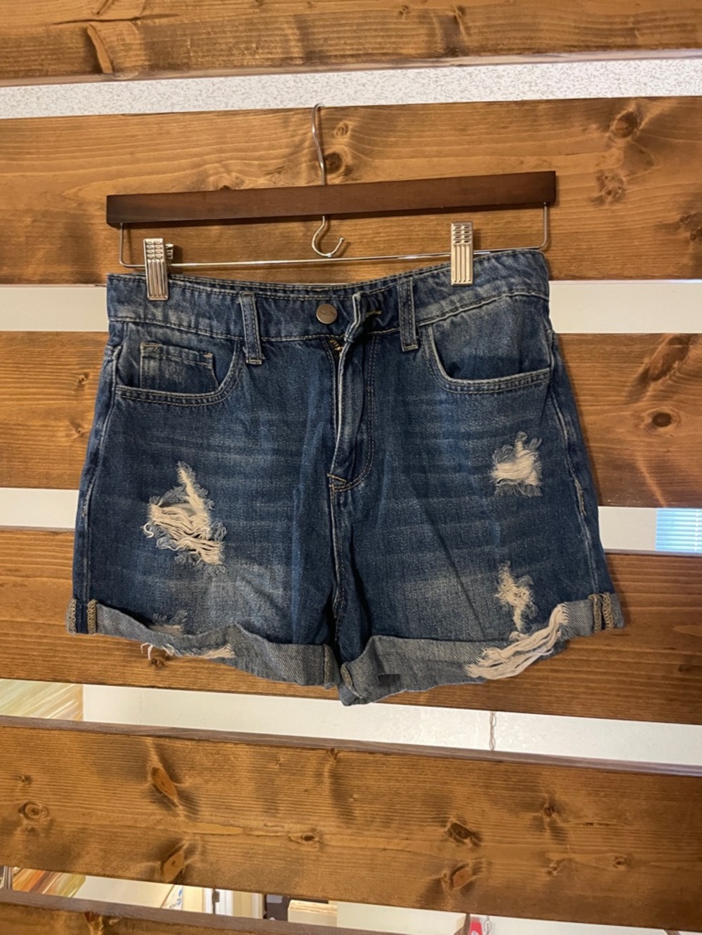 Pink Lily Distressed Dark Blue Denim Jean Shorts backroads songs
